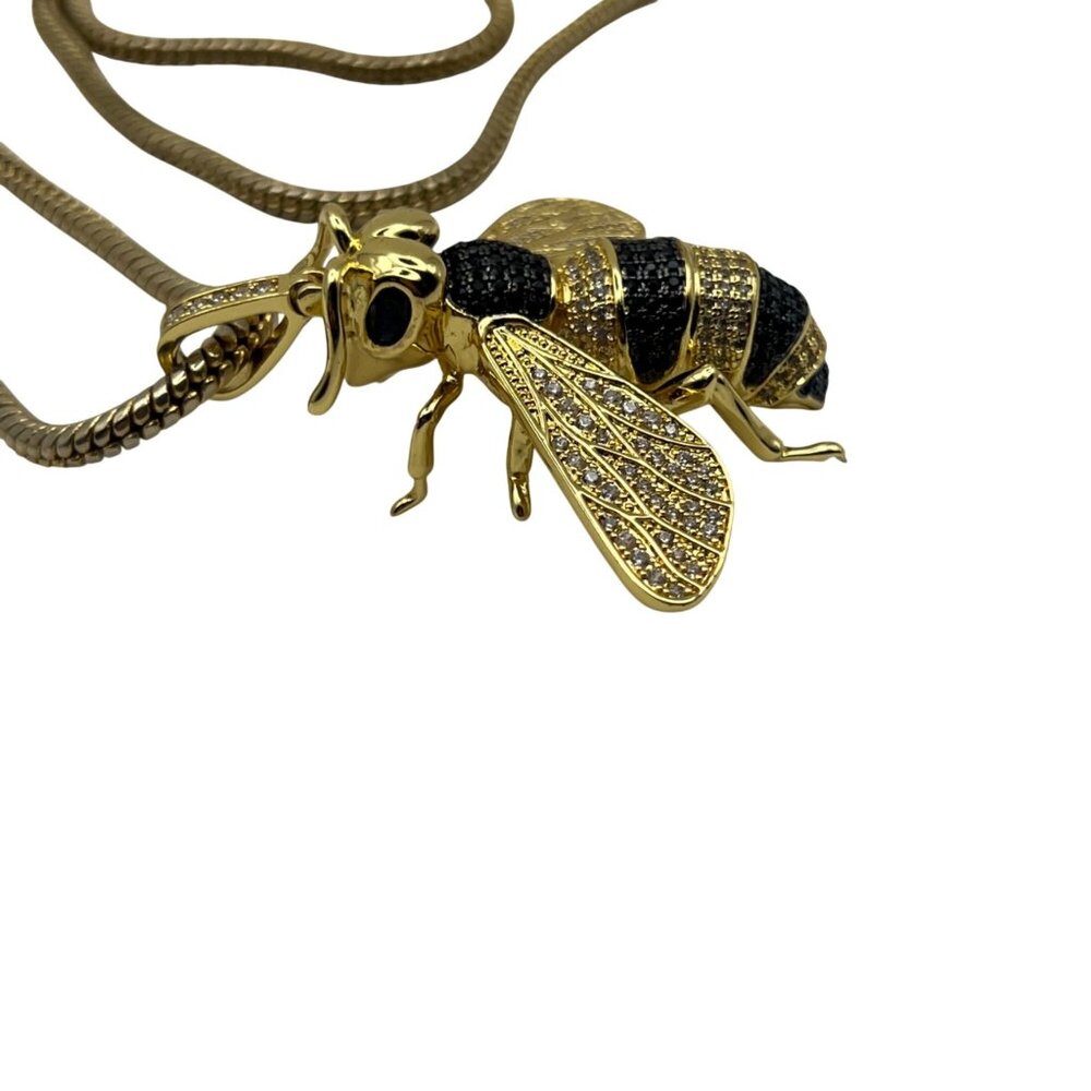 Gold Tone Bee Pendant Necklace Pave Crystal Black Stones Statement 24" LOOK - Picture 3 of 13